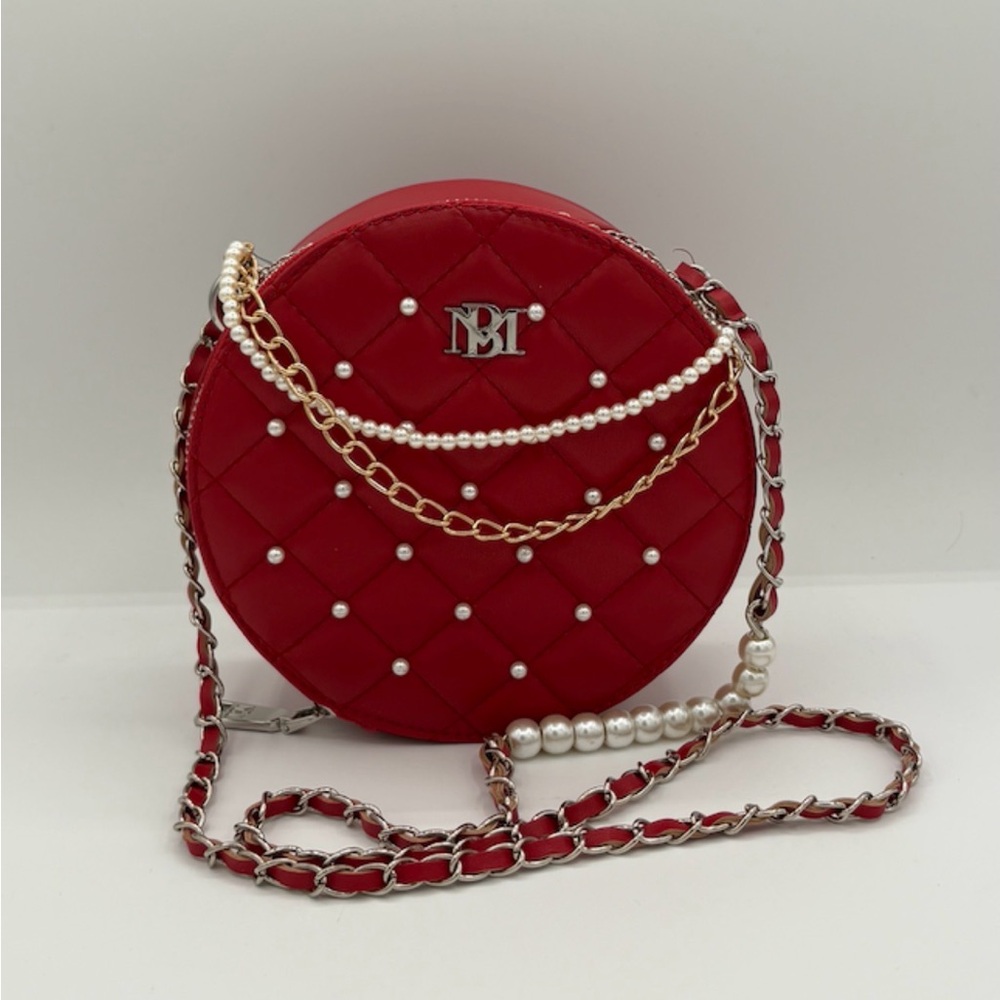 Red Quilted Badgley Mishka Pearl-Accent Round Crossbody Bag